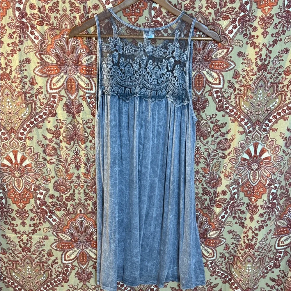 NWT BÖHME L J&M so soft sleeveless boho dress w/ embroidered top, marbled blue - Picture 3 of 9